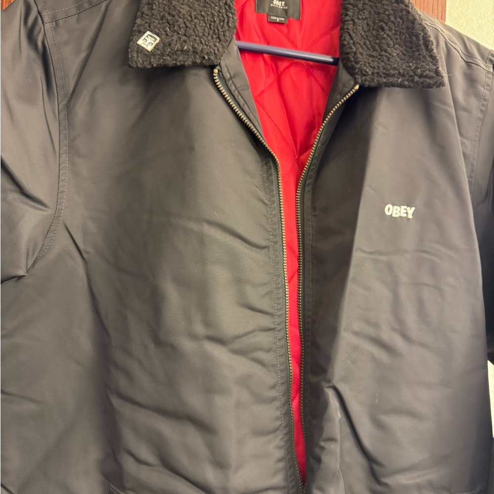 Obey Black Bomber Jacket with Red Interior